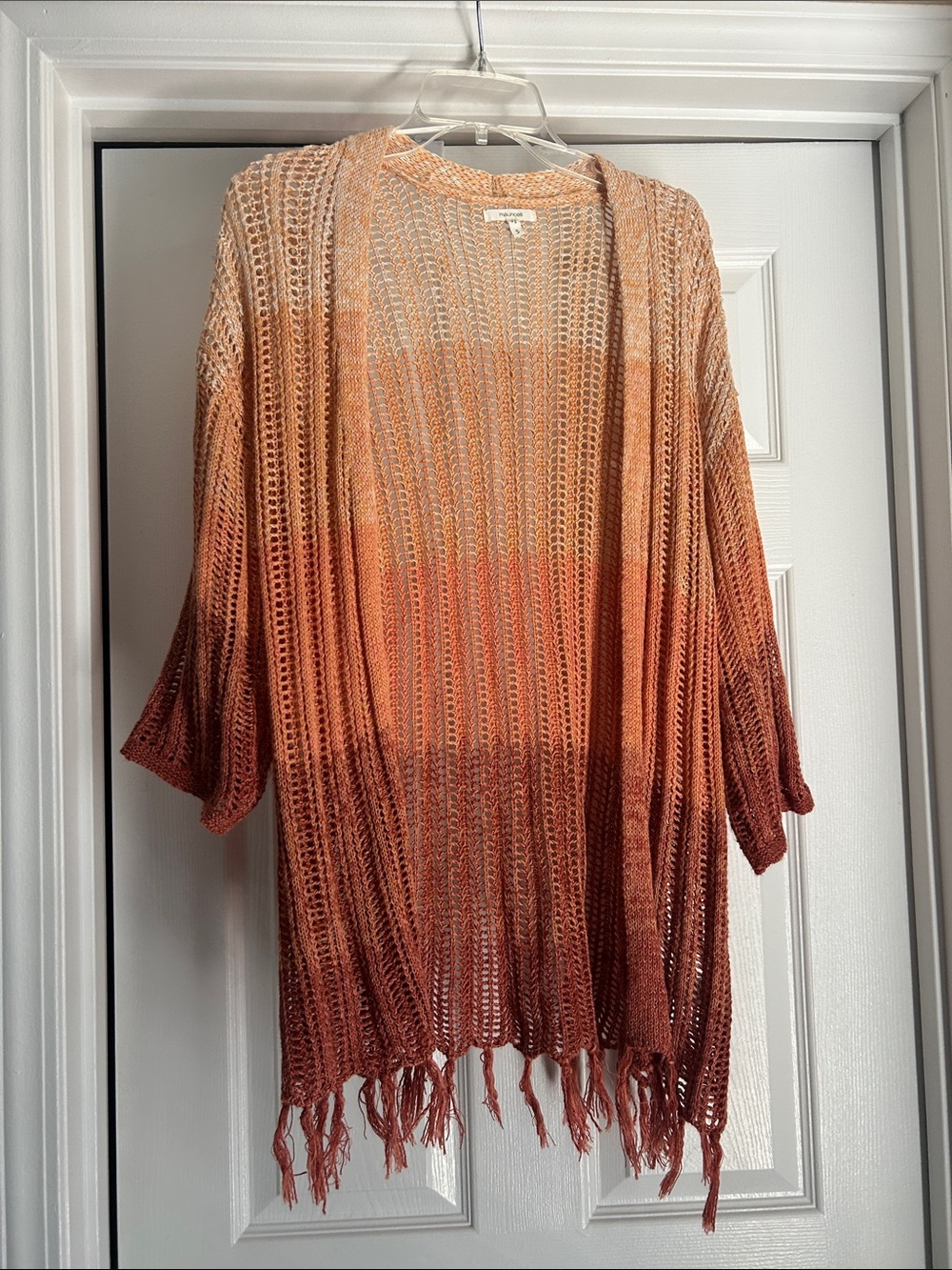 Maurices Ombre Open-Weave Fringe Cardigan in Cream to Rust